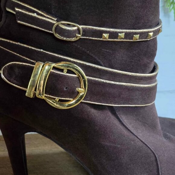 Size 8.5 De Blossom Collection Brown Gold Buckle Ankle Booties High Heels Shoes - Picture 3 of 16